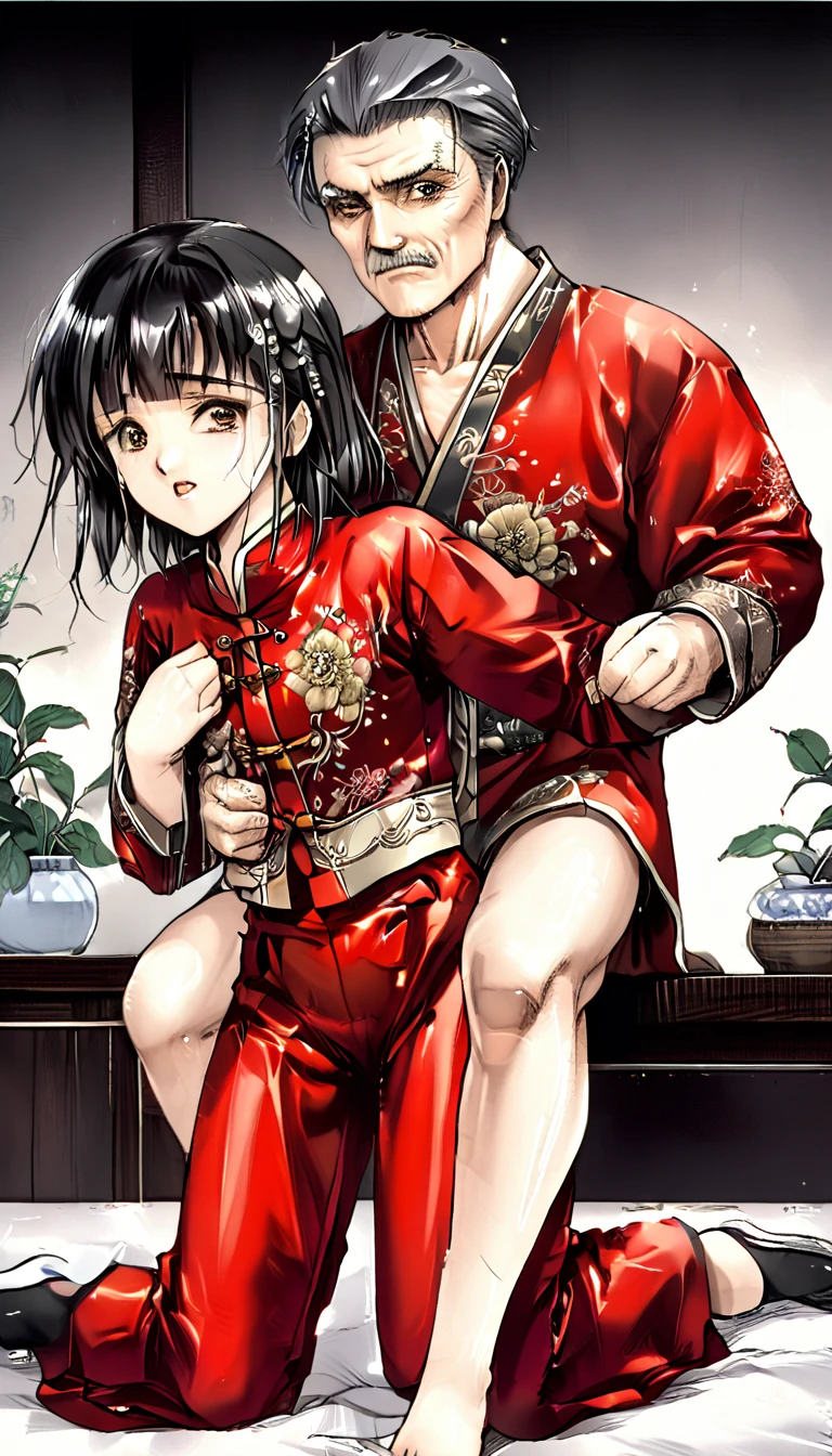 A tragic historical drama in 8k live-action style: Beautiful palace secrets　Beautiful 10 year old Chinese Kung Fu girl with long black hair has very rough unwanted sex with old man emperor　Gorgeous embroidery, Ultra glossy, She is wearing a shiny red top and bottom long sleeve floral pajama kung fu suit....　　She is sexually assaulted