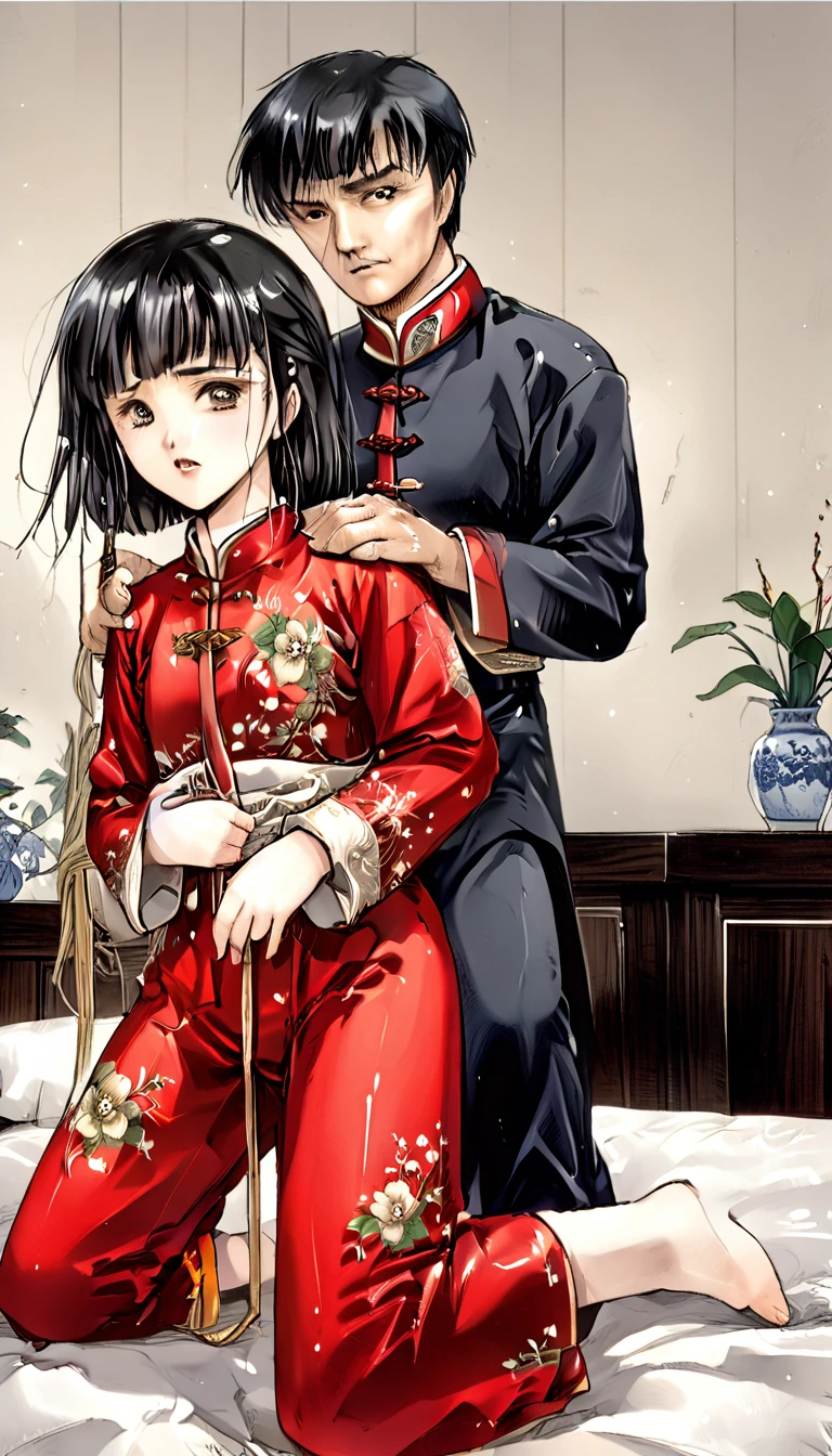 A tragic historical drama in 8k live-action style: Beautiful palace secrets　Beautiful 10 year old Chinese Kung Fu girl with long black hair has very rough unwanted sex with old man emperor　Gorgeous embroidery, Ultra glossy, She is wearing a shiny red top and bottom long sleeve floral pajama kung fu suit....　　She is sexually assaulted