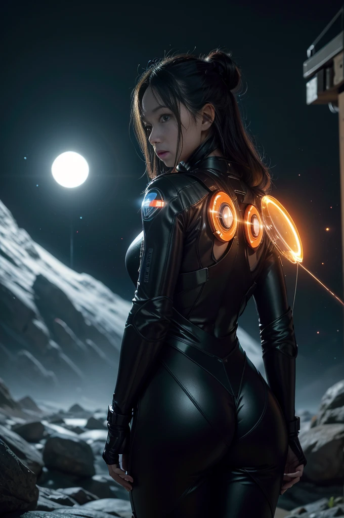 Masterpiece, highest quality, rear angle, Highly detailed photo of a (female space soldier wearing orange transparent tight suit with some holes, helmet, with tinted face shield, rebreather, accentuated booty), athletic body, big ass, big titis [wide hips], (investigating a strange glowing alien artifact), on alien exoplanet, (mountains:1.1), (exotic rain forest), lush vibrant foliage, (two moons in the sky:0.8), (hyperdetailed, intricately detailed), background by Jessica Rossier, (sci-fi), during the day, (lens flare:0.5), (bloom:0.6), particle effects, (cinematic lighting:1.1), sharp shadows, ambient light, [bioluminescente], raytracing, photographed on a Fujifilm X-S10 Mirrorless Camera, 25mm F2.8 ultra-wide-angle lens, sharp focus, Cinestill 800T, still frame from Gravity 2013, 8k, HDR, from behind, no face visible