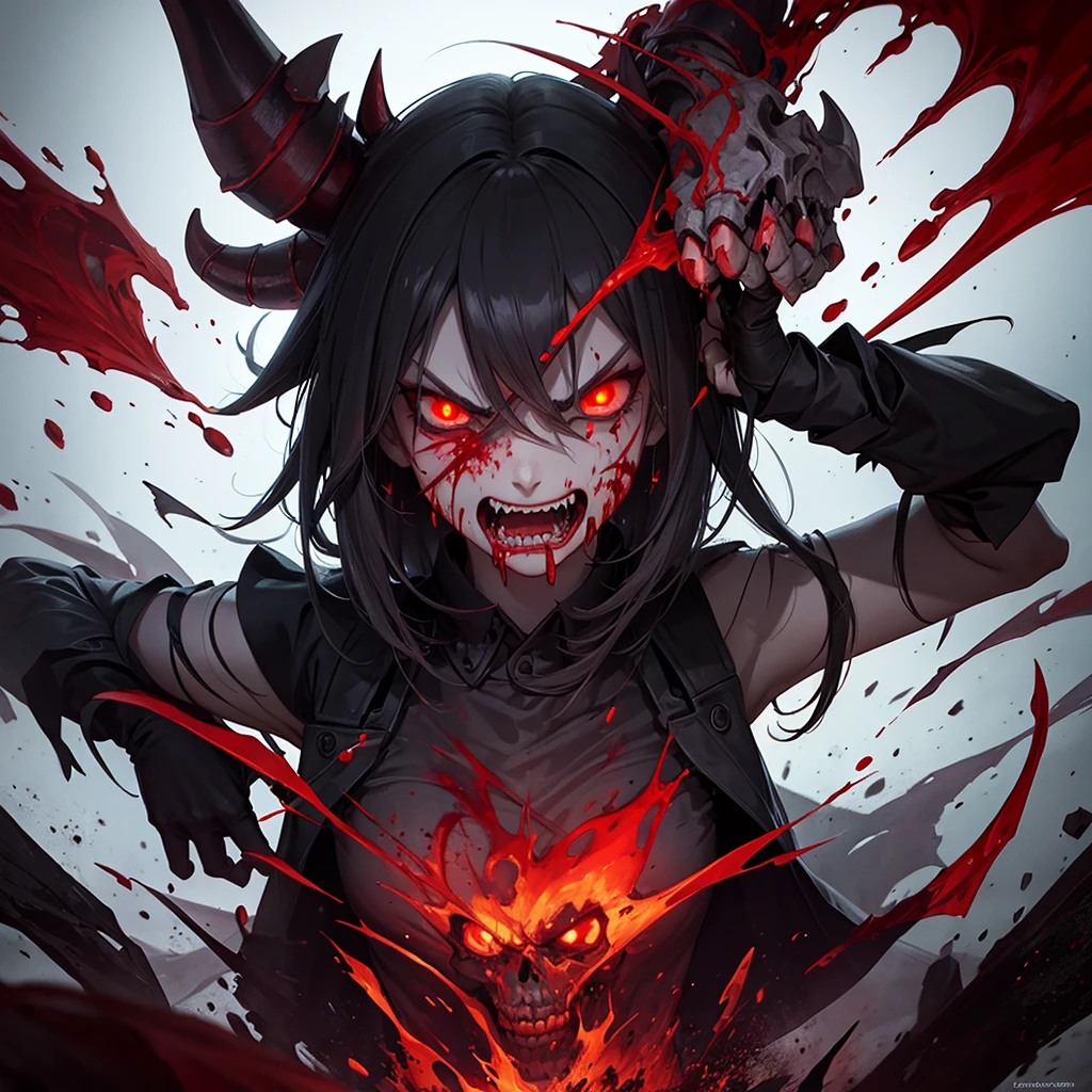 Demon with angry face, skulls and blood
