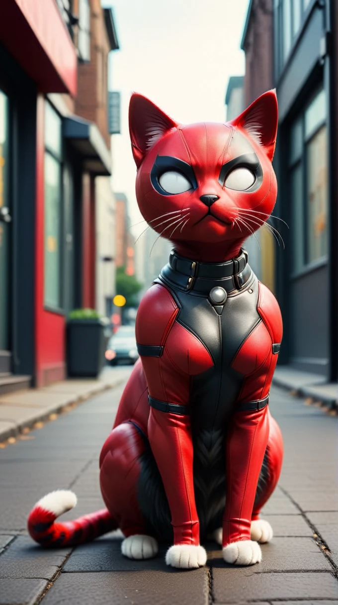 DeadpoolStyle cat body, 24mm, (analog, cinematic, film grain:1.3), Bokeh DOF, (Masterpiece:1.3) (best quality:1.2) (high quality:1.1), (street background :1.2)