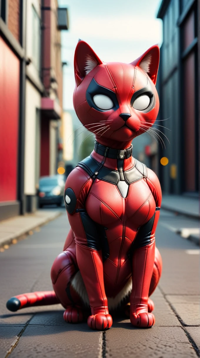 DeadpoolStyle cat body, 24mm, (analog, cinematic, film grain:1.3), Bokeh DOF, (Masterpiece:1.3) (best quality:1.2) (high quality:1.1), (street background :1.2)