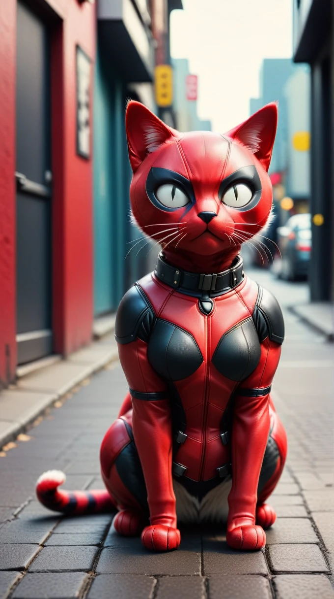 DeadpoolStyle cat body, 24mm, (analog, cinematic, film grain:1.3), Bokeh DOF, (Masterpiece:1.3) (best quality:1.2) (high quality:1.1), (street background :1.2)