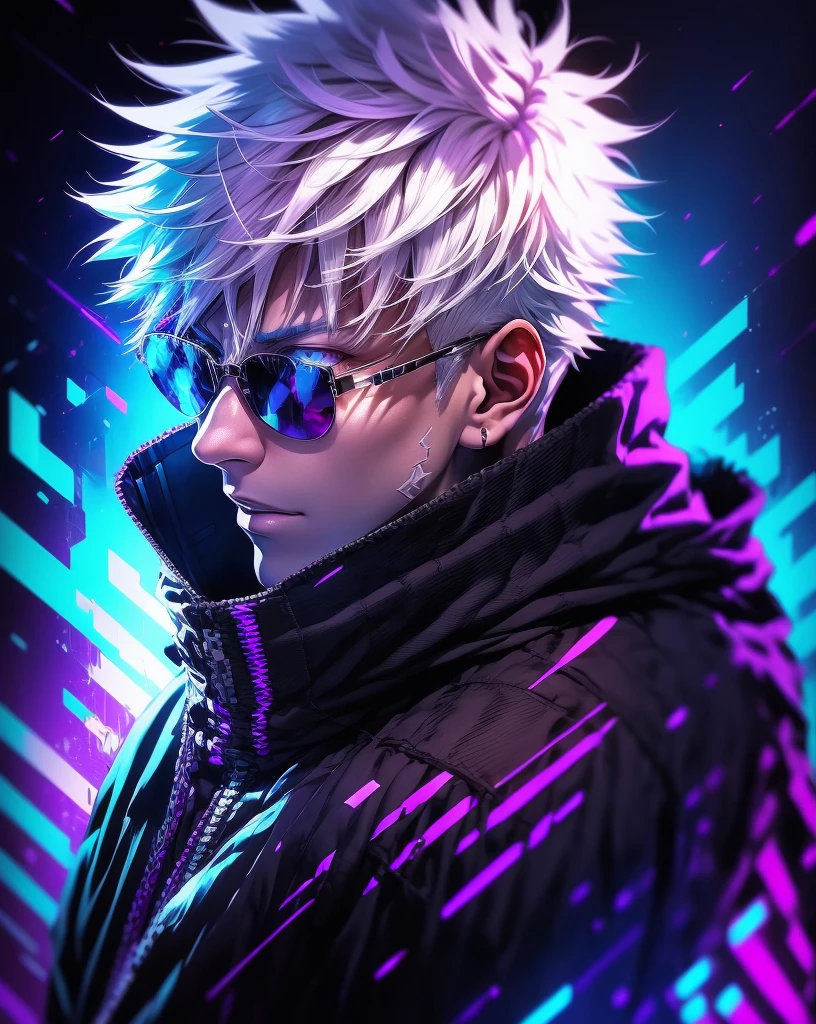 a man with white hair and a purple jacket holding a cell phone, cyberpunk art inspired by Munakata Shikō, tumblr, digital art, ufotable art style, anime wallaper, profile picture 1024px, trigger anime artstyle, badass anime 8 k, tokyo ghoul, 4k anime wallpaper, jujutsu kaisen