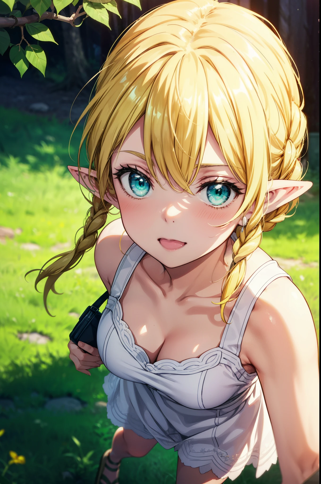 Suguhakirigaya, Suguhakirigaya, Long Hair,Blonde,Green Eyes,Pointy Ears,Short braids,,happy smile, smile, Open your mouth,Big Breasts,White straw hat,White sleeveless dress, bare arms,Green long skirt,Cute Sandals,Walking,Clear skies,whole bodyがイラストに入るように,
break outdoors, nature, forest,
break looking at viewer, whole body,
break (masterpiece:1.2), Highest quality, High resolution, unity 8k wallpaper, (shape:0.8), (Beautiful attention to detail:1.6), Highly detailed face, Perfect lighting, Extremely detailed CG, (Perfect hands, Perfect Anatomy),