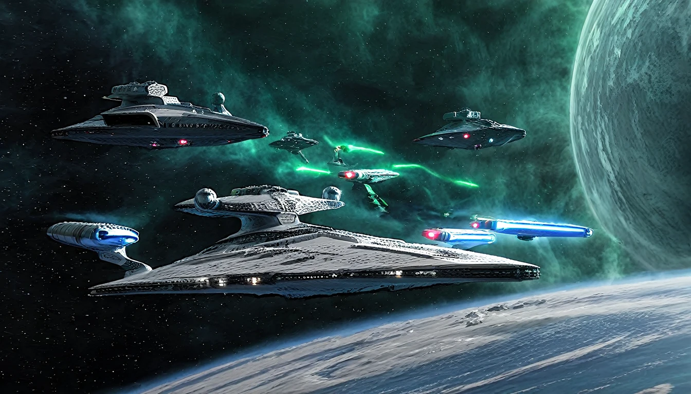 An active war between Star_Wars and Star_Trek battleships in space environment, StarWars, StarTrek, mfalcon, sdestroyer, Enterprise, star trek battleships vs star wars battleships , guns and lasers fire 