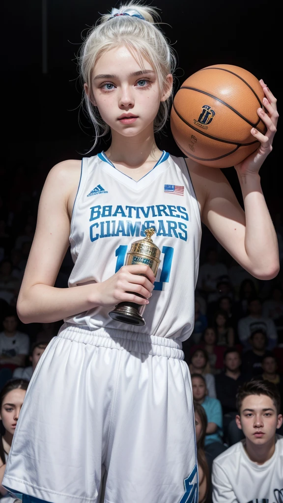 Feminine 15 year old girl with white hair up , light blue eyes and white skin, basketball player holding a trophy 