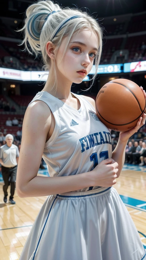Feminine  girl with white hair up , light blue eyes and white skin, basketball player holding a trophy 