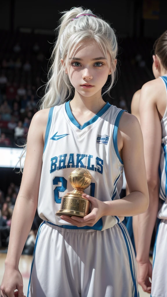 Feminine 15 year old girl with white hair up , light blue eyes and white skin, basketball player holding a trophy