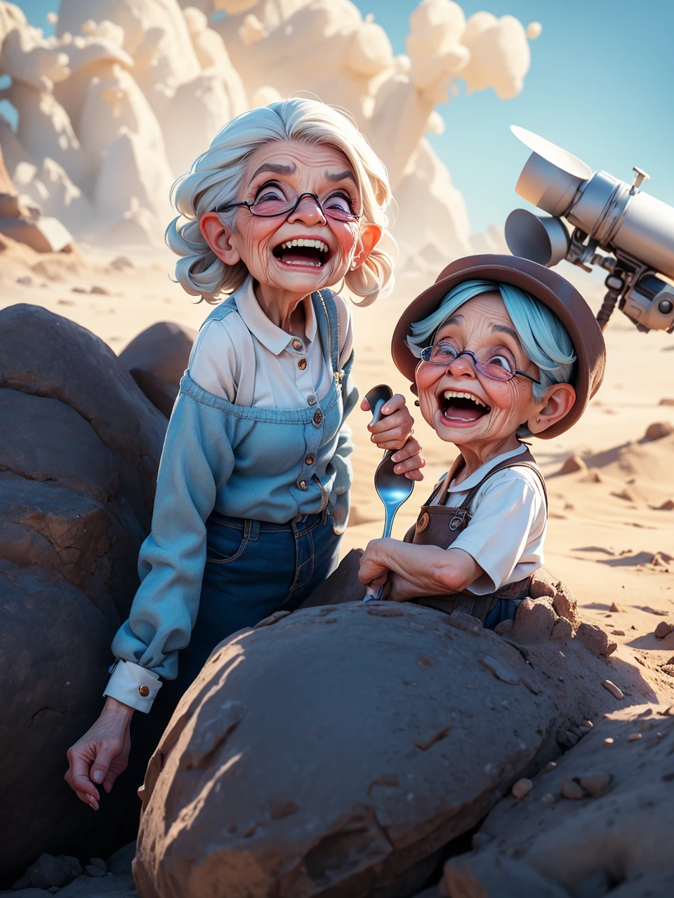 a very old woman, wrinkled face, digging soil with a tiny spoon, amusing expression, comical, humorous, meme, surreal, whimsical, (best quality, 8k, highres, masterpiece:1.2), ultra-detailed, photorealistic, cinematic lighting, dramatic shadows, vibrant colors