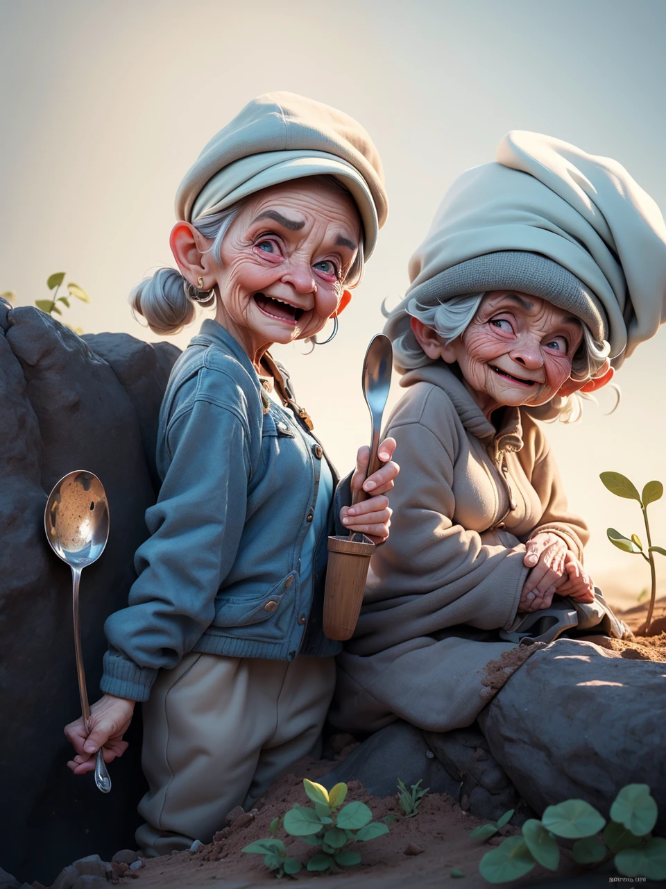 a very old woman, wrinkled face, digging soil with a tiny spoon, amusing expression, comical, humorous, meme, surreal, whimsical, (best quality, 8k, highres, masterpiece:1.2), ultra-detailed, photorealistic, cinematic lighting, dramatic shadows, vibrant colors