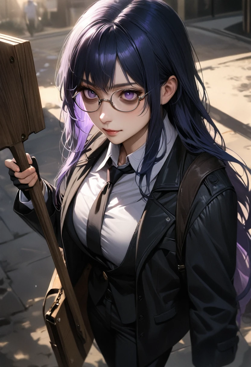 (adult), (man) ((tall)), masterpiece, best quality, very aesthetic, absurdres, shiny skin, Perfect face, Perfect shadowing, Perfect cloathing, skindentation, (dark blue hair)), messy fuss hair, very long hair, purple eyes, colegial white shirt, black vest, tie, glasses, ((black coat)), black cargo pants, colegial, carrying a wooden case with strap, fingerless gloves, holding a shovel, bags under eyes, faint smile, realistic anime style.