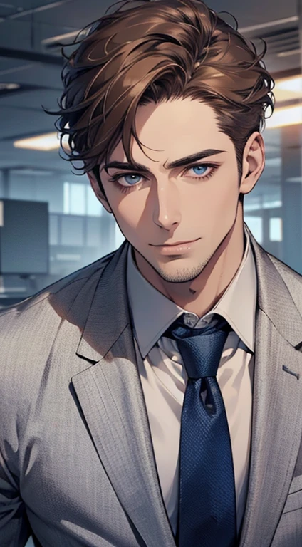 (best quality,4k,8k,highres,masterpiece:1.2),ultra-detailed,(realistic,photorealistic,photo-realistic:1.37),1 man,31 years old,mature man,very handsome,without expression,smile,short grey brown hair,blue eyes,penetrating gaze,perfect face without errors,imposing posture,businessman,office background,cinematic lighting,hdr image