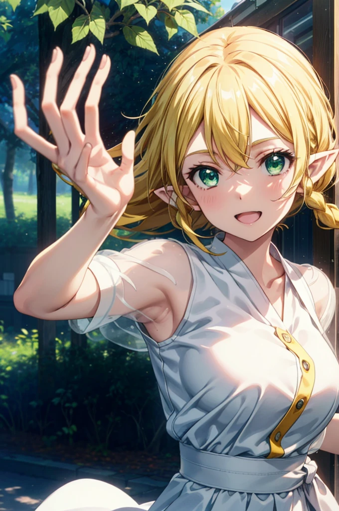 Suguhakirigaya, Suguhakirigaya, Long Hair,Blonde,Green Eyes,Pointy Ears,Short braids,,happy smile, smile, Open your mouth,Big Breasts,White straw hat,White sleeveless dress, bare arms,Green long skirt,Cute Sandals,Walking,Clear skies,whole bodyがイラストに入るように,
break outdoors, nature, forest,
break looking at viewer, whole body,
break (masterpiece:1.2), Highest quality, High resolution, unity 8k wallpaper, (shape:0.8), (Beautiful attention to detail:1.6), Highly detailed face, Perfect lighting, Extremely detailed CG, (Perfect hands, Perfect Anatomy),