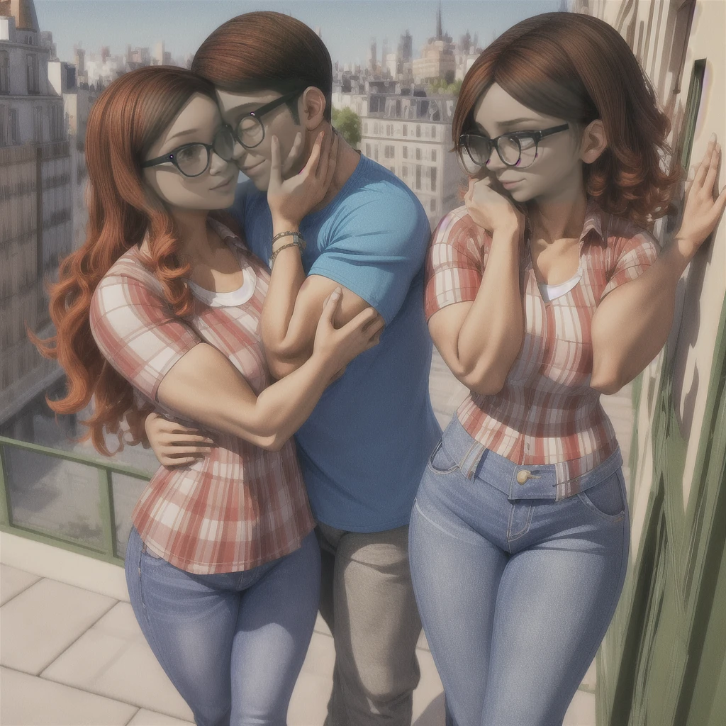 (girl and boy:1), smiling, ((high resolution illustration)), ((extremely detailed)), (couple), Alya, Nino, Nino X Alya, (best quality,4k,8k,highres,masterpiece:1.2), ultra-detailed, realistic:1.37, HDR, studio lighting, extreme detail description, professional, vibrant colors, bokeh, (muscular female bodybuilder), detailed lips, strong embrace, romantic scene, intimate moment, intense passion, athletic bodies, fitness couple, gym background, muscular definition, sculpted muscles, sweat glistening, powerful kiss, muscular arms, loving couple, bodybuilding lifestyle,dark hair boy kissing his big muscle girlfriend, skinny brown eye's boy, and a big muscle blue hair, brown eye's girl(masterpiece, best quality:1.2), A couple , boy Nino Lahiffe: Brown skin, dark hair, usually seen wearing a red cap, glasses, and casual clothing like a T-shirt and jeans, and a girl Alya Césaire: Brown skin, curly dark brown hair, often wears glasses, and typically seen in stylish, casual outfits. A casual day out with both characters in their everyday attire,Sharing a tender moment, like sitting on a rooftop overlooking Paris.