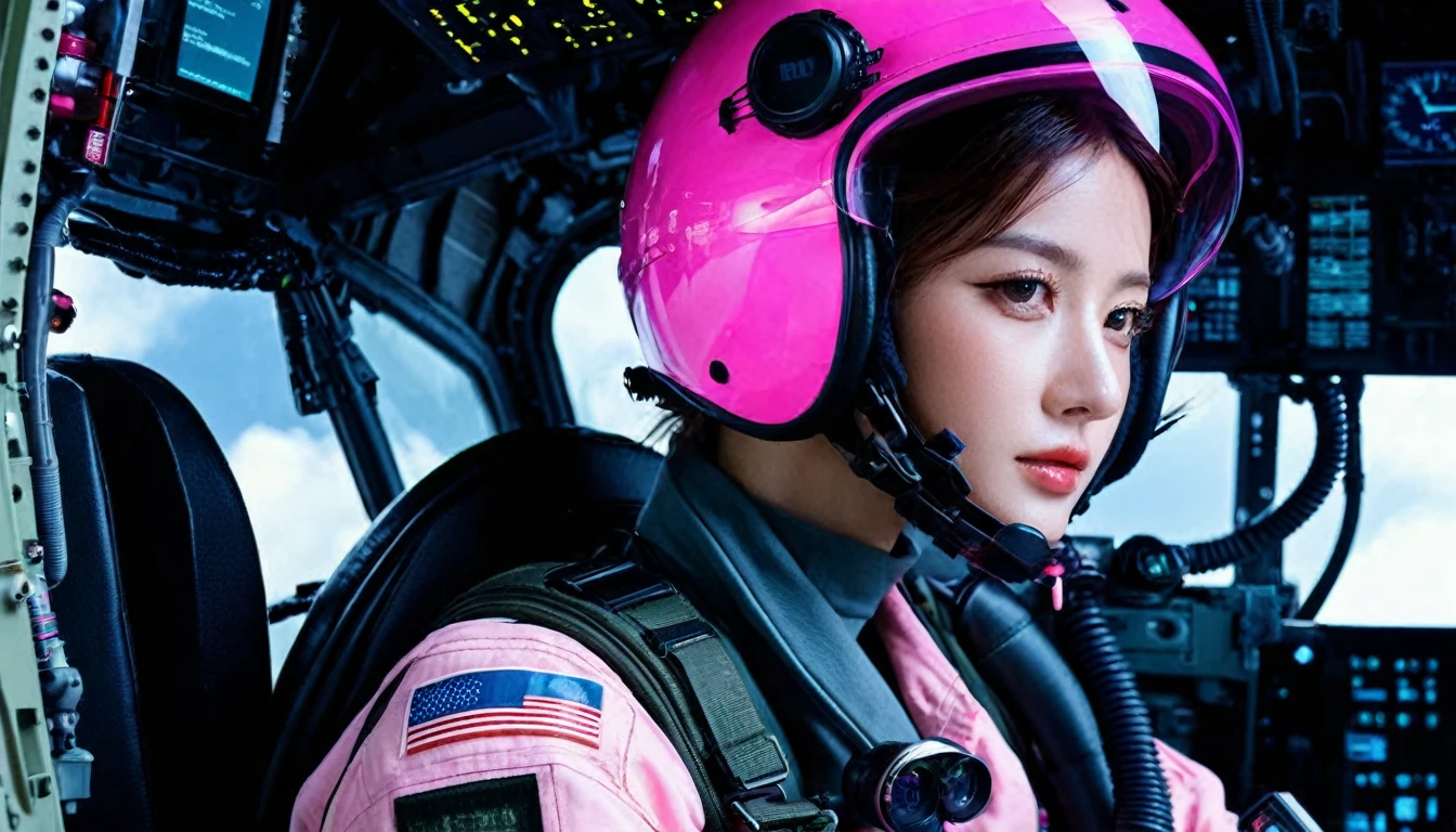 One girl, (Beautiful Face), Female fighter jet pilot, Holding a pilot pink helmet with LED interactive screen and HUD head up display on the visor, Visor-displayed targeting system, Communication Systems, 赤いGlasses、Close the visor, Sexy pose, Floating Hair, Are standing, (Upper thigh shot:1.3), DT Helmets, Pink combat suit, Advanced Fighter Background, (Intricate details), High resolution, (Intricate details, Ultra-detailed:1.2), Cinematic shots, ((masterpiece, high quality, 最high quality, Official Art, Beautiful and aesthetic, Detailed face, Fine grain、Glasses))