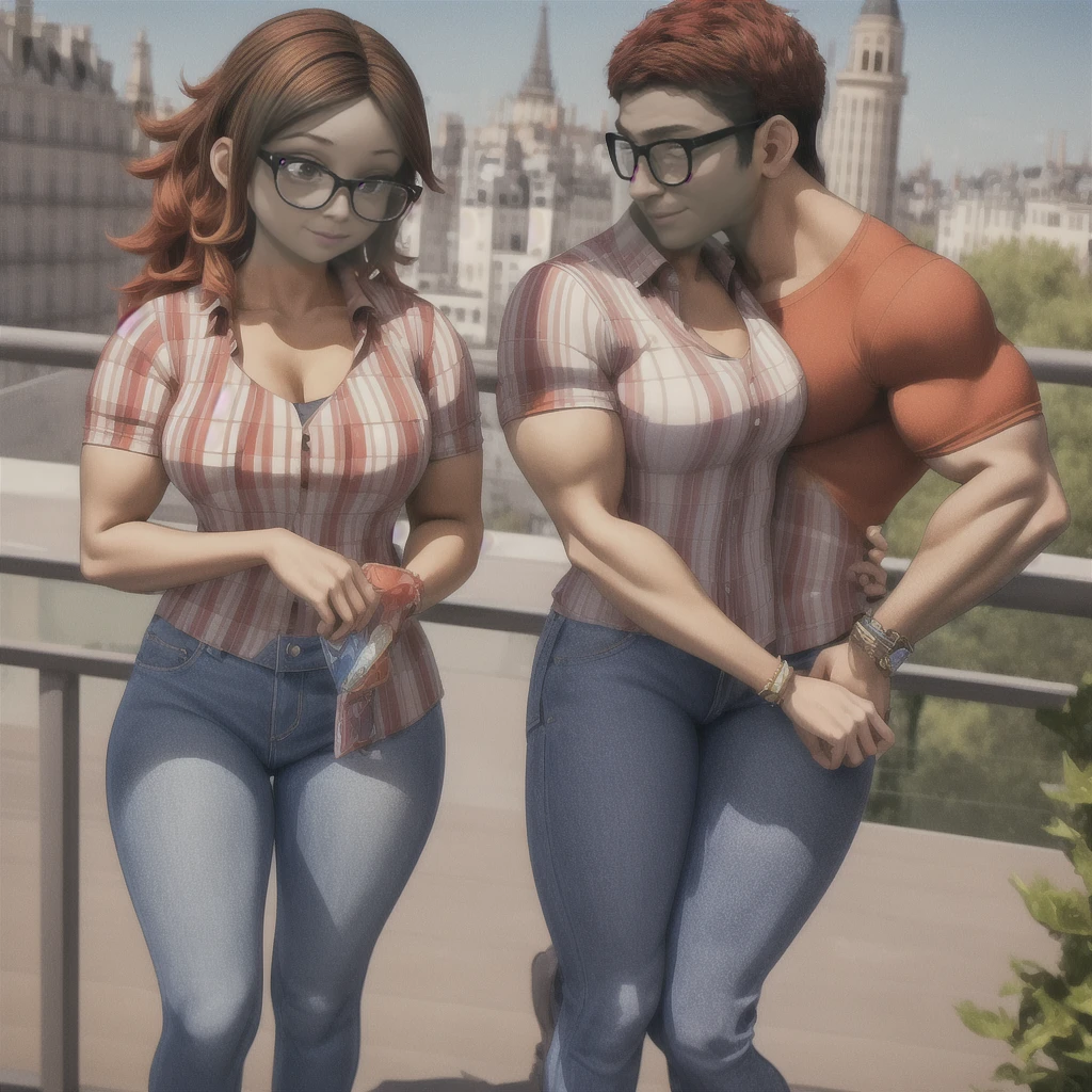 (masterpiece, best quality:1.2), A couple , boy Nino Lahiffe: Brown skin, dark hair, usually seen wearing a red cap, glasses, and casual clothing like a T-shirt and jeans, and a girl Alya Césaire: Brown skin, curly dark brown hair, often wears glasses, and typically seen in stylish, casual outfits. A casual day out with both characters in their everyday attire,Sharing a tender moment, like sitting on a rooftop overlooking Paris..(girl and boy:1), smiling, ((high resolution illustration)), ((extremely detailed)), (couple), Alya, Nino, Nino X Alya, (best quality,4k,8k,highres,masterpiece:1.2), ultra-detailed, realistic:1.37, HDR, studio lighting, extreme detail description, nino wearing a red cap, professional, vibrant colors, bokeh, ((muscular female bodybuilder)), detailed lips, strong embrace, romantic scene, intimate moment, intense passion, athletic bodies, fitness couple, gym background, muscular definition, sculpted muscles, sweat glistening,muscular.