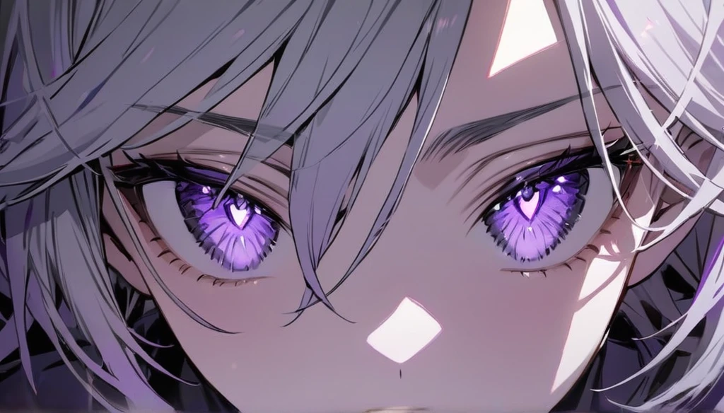Resolution full, boy, very accurate, best quality, masterpiece, from front boy, cinematic lighting, full HD, very sharpener, only showing eyes, focus at eyes, detailed eyes, best art, very accurate, 1boy, solo, boy, violet eyes, grey hair, violet eyes