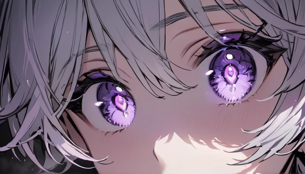 Resolution full, boy, very accurate, best quality, masterpiece, from front boy, cinematic lighting, full HD, very sharpener, only showing eyes, focus at eyes, detailed eyes, best art, very accurate, 1boy, solo, boy, violet eyes, grey hair, violet eyes