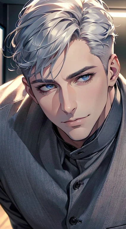 (best quality,4k,8k,highres,masterpiece:1.2),ultra-detailed,(realistic,photorealistic,photo-realistic:1.37),1 man,31 years old,mature man,very handsome,without expression,smile,short silver hair,blue eyes,penetrating gaze,perfect face without errors,imposing posture,businessman,office background,cinematic lighting,hdr image