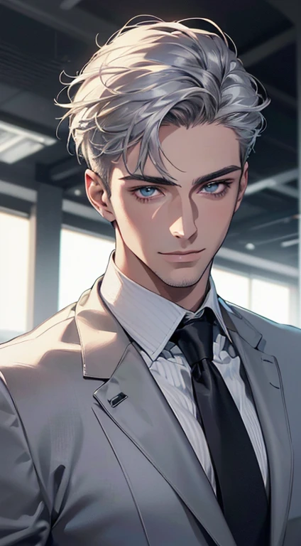 (best quality,4k,8k,highres,masterpiece:1.2),ultra-detailed,(realistic,photorealistic,photo-realistic:1.37),1 man,31 years old,mature man,very handsome,without expression,smile,short silver hair,blue eyes,penetrating gaze,perfect face without errors,imposing posture,businessman,office background,cinematic lighting,hdr image