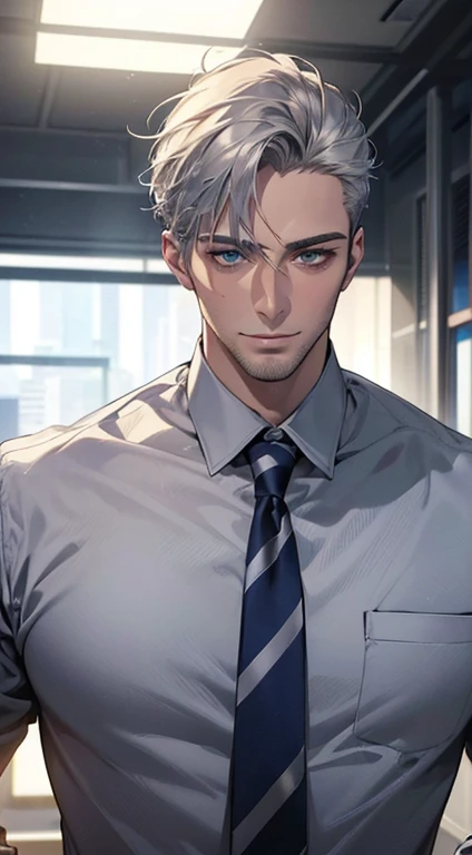 (best quality,4k,8k,highres,masterpiece:1.2),ultra-detailed,(realistic,photorealistic,photo-realistic:1.37),1 man,31 years old,mature man,very handsome,without expression,smile,short silver hair,blue eyes,penetrating gaze,perfect face without errors,imposing posture,businessman,office background,cinematic lighting,hdr image