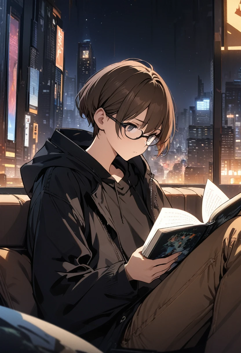 (BEST QUALITY), (MASTERPIECE), illustration, Extremely_detail, 4k wallpaper , midnight, man, black hoodie parka, brown jeans, 18 years old , brown Hair, short hair, black eyes, eye glasses, reading a book, smart, Background of the city