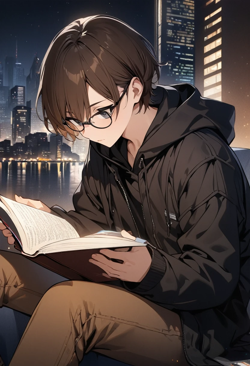 (BEST QUALITY), (MASTERPIECE), illustration, Extremely_detail, 4k wallpaper , midnight, man, black hoodie parka, brown jeans, 18 years old , brown Hair, short hair, black eyes, eye glasses, reading a book, smart, Background of the city