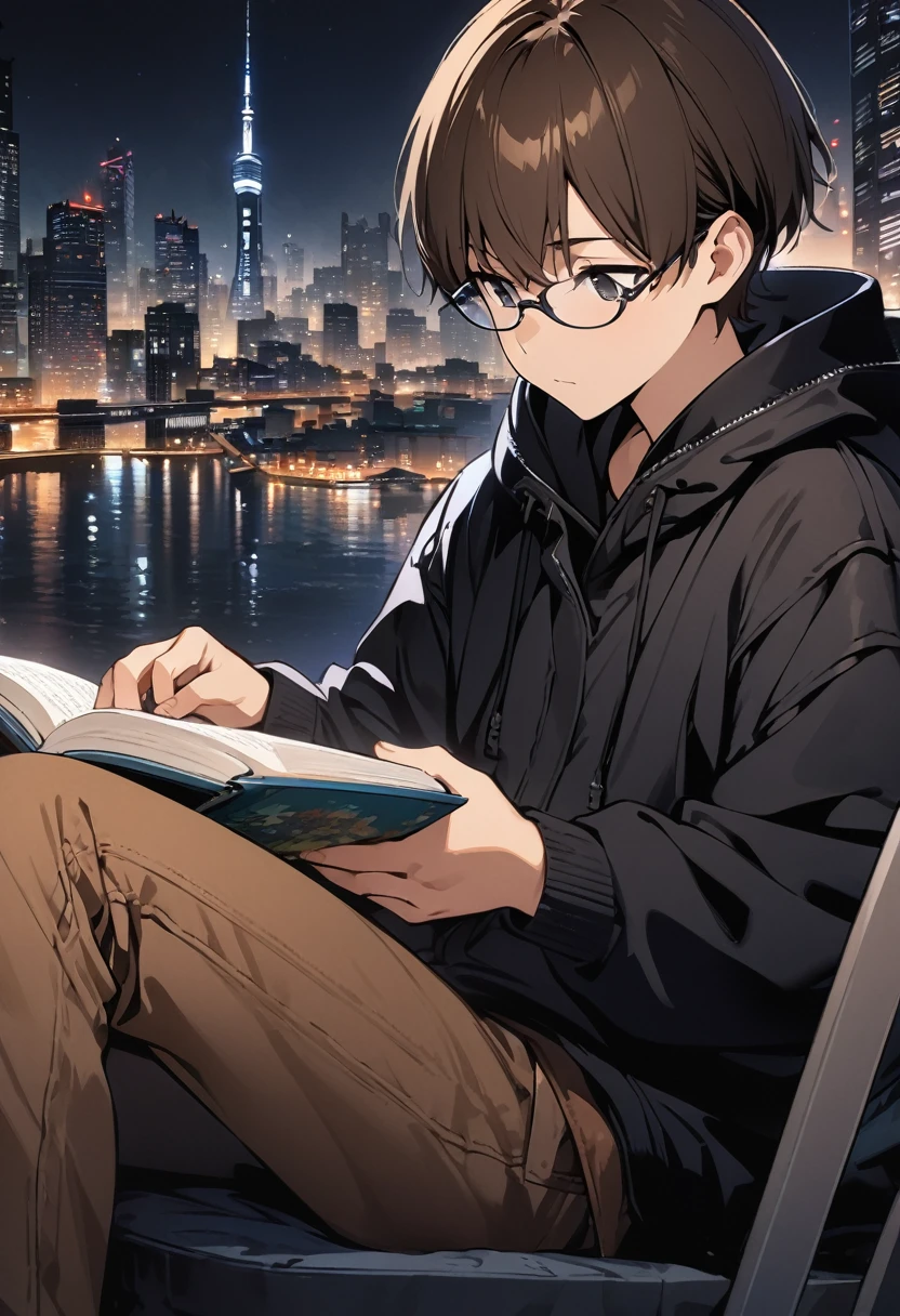 (BEST QUALITY), (MASTERPIECE), illustration, Extremely_detail, 4k wallpaper , midnight, man, black hoodie parka, brown jeans, 18 years old , brown Hair, short hair, black eyes, eye glasses, reading a book, smart, Background of the city