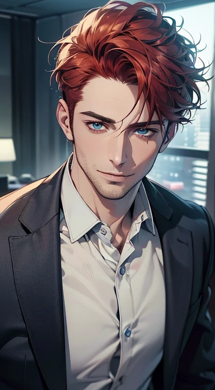 (best quality,4k,8k,highres,masterpiece:1.2),ultra-detailed,(realistic,photorealistic,photo-realistic:1.37),1 man,31 years old,mature man,very handsome,without expression,smile,short red hair,blue eyes,penetrating gaze,perfect face without errors,imposing posture,businessman,office background,cinematic lighting,hdr image
