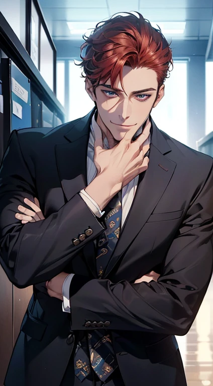 (best quality,4k,8k,highres,masterpiece:1.2),ultra-detailed,(realistic,photorealistic,photo-realistic:1.37),1 man,31 years old,mature man,very handsome,without expression,smile,short red hair,blue eyes,penetrating gaze,perfect face without errors,imposing posture,businessman,office background,cinematic lighting,hdr image
