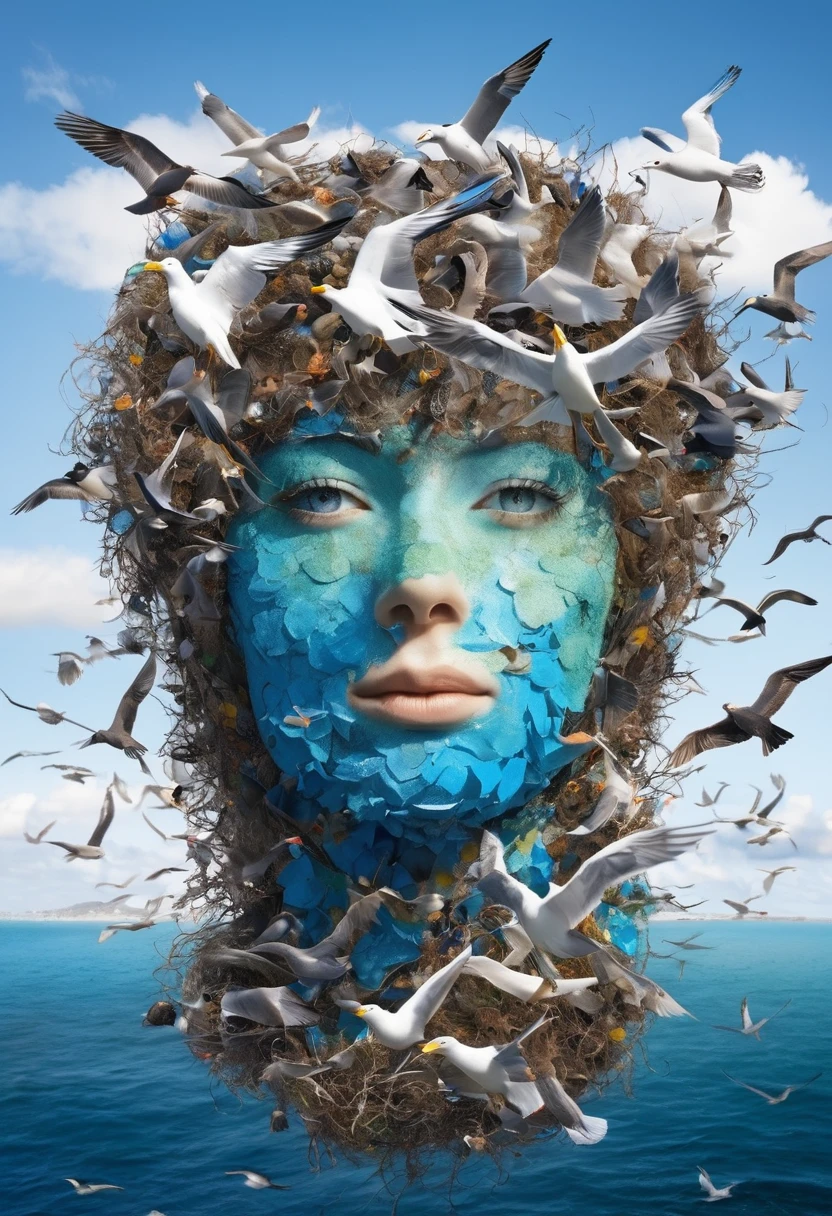 In the center is a human head made of marine garbage, surrounded by seagulls in the sky, an inspiration for protecting marine ecology.