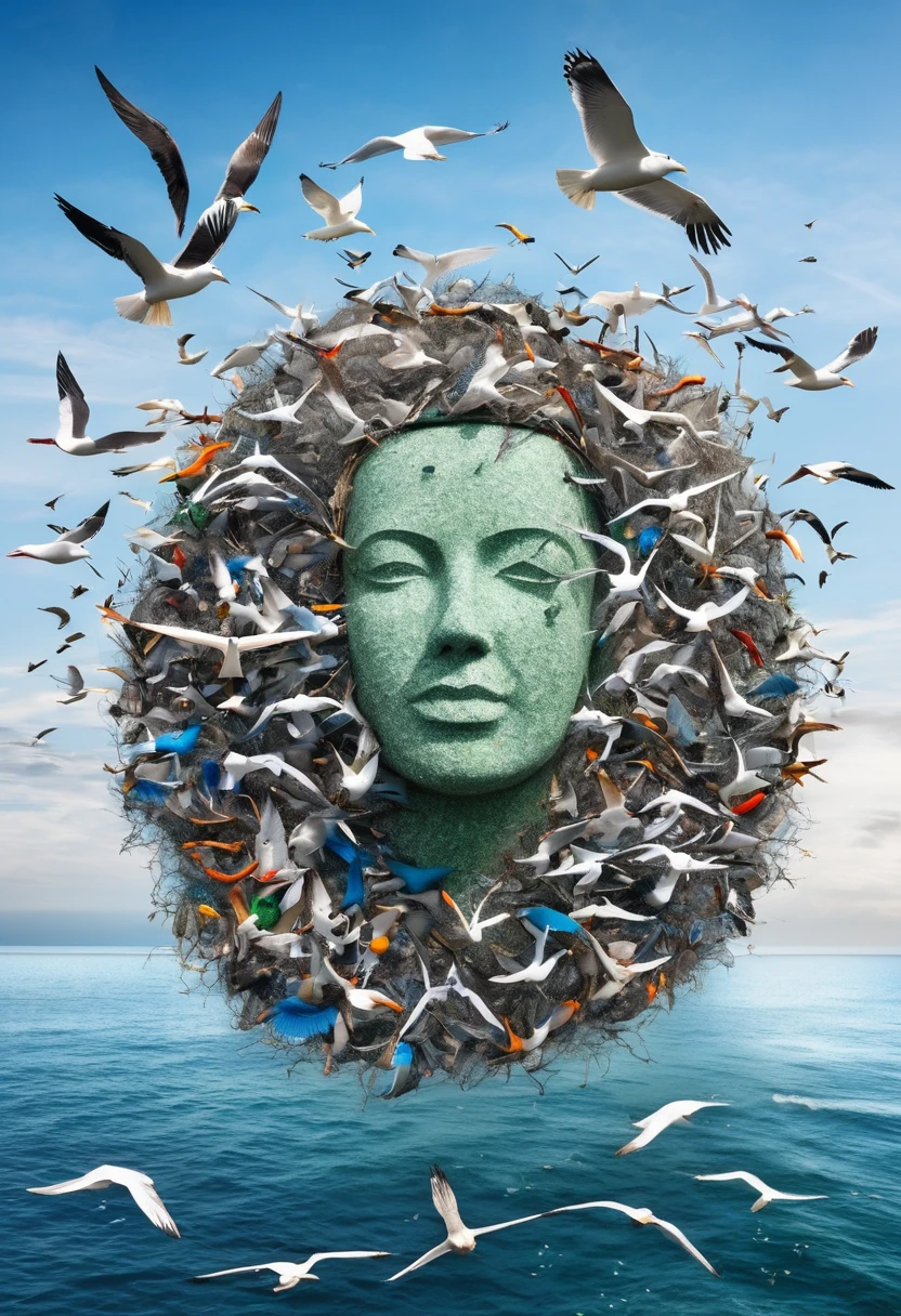 In the center is a human head made of marine garbage, surrounded by seagulls in the sky, an inspiration for protecting marine ecology.