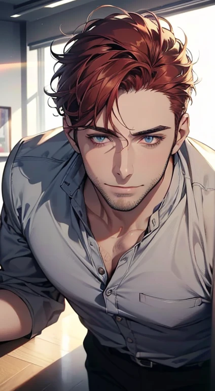 (best quality,4k,8k,highres,masterpiece:1.2),ultra-detailed,(realistic,photorealistic,photo-realistic:1.37),1 man,31 years old,mature man,very handsome,without expression,smile,short red hair,blue eyes,penetrating gaze,perfect face without errors,imposing posture,businessman,office background,cinematic lighting,hdr image