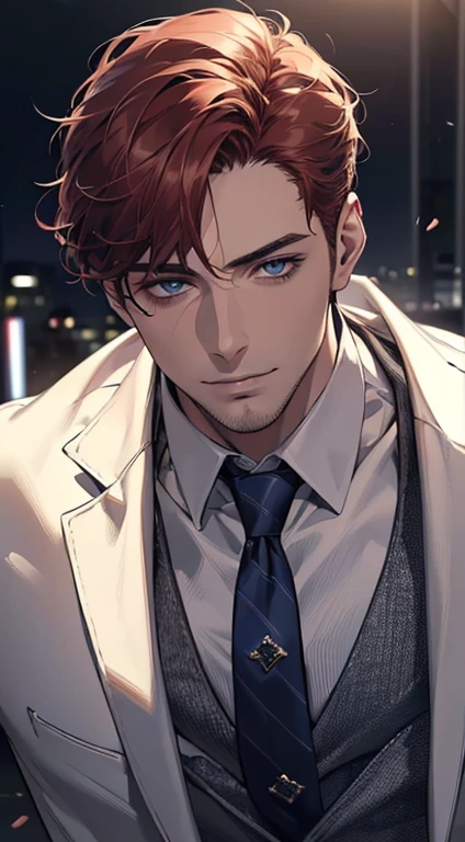 (best quality,4k,8k,highres,masterpiece:1.2),ultra-detailed,(realistic,photorealistic,photo-realistic:1.37),1 man,31 years old,mature man,very handsome,without expression,smile,short red hair,blue eyes,penetrating gaze,perfect face without errors,imposing posture,businessman,office background,cinematic lighting,hdr image