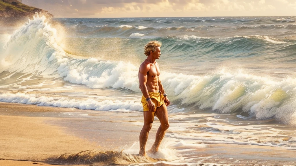 Blonde fit man on beach with surfboard, waves, sunshine, 50s surf scene, surf competition, Hawaiian surf scene, the beach boys Era,