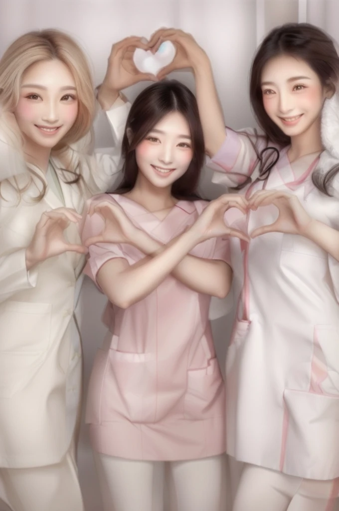 (smiling women with hands making heart shape), 3girls, Beautiful Japanese female doctor wearing white labcoat, cute Japanese female nurse wearing fitted pink nurse dress , beautiful detailed face, Japanese woman, pale skin, realistic skin, detailed cloth texture, detailed hair texture, Perfect proportion, Beautiful Face, accurate, Anatomically correct, Highly detailed face and skin texture , looking at viewer