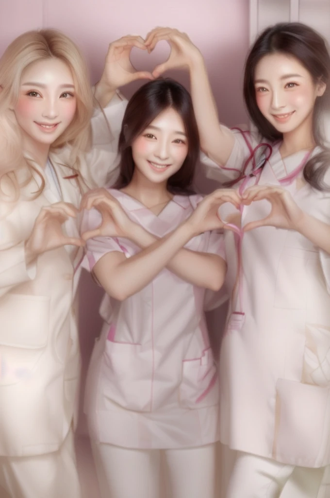 (smiling women with hands making heart shape), 3girls, Beautiful Japanese female doctor wearing white labcoat, cute Japanese female nurse wearing fitted pink nurse dress , beautiful detailed face, Japanese woman, pale skin, realistic skin, detailed cloth texture, detailed hair texture, Perfect proportion, Beautiful Face, accurate, Anatomically correct, Highly detailed face and skin texture , looking at viewer