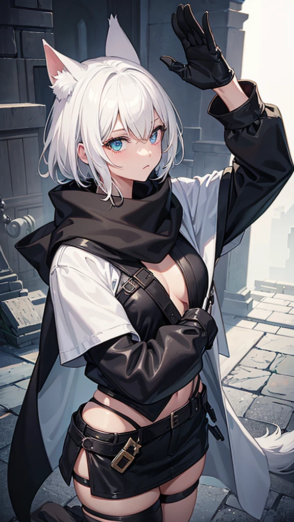 work of art, best qualityer, high resolution, 1 girl, synonym 1, scarf, short hair, mitts, ninja mask, long sleeves, leather pants, White hair, Cat's ears, cat tail, roupas de rogue, leather pants, holding, holding faca, heterochromia, yellow eye, blue eye, 14 eyes old, hooded cloak, rogue rpg, rpg, ninja, ruins, medioval