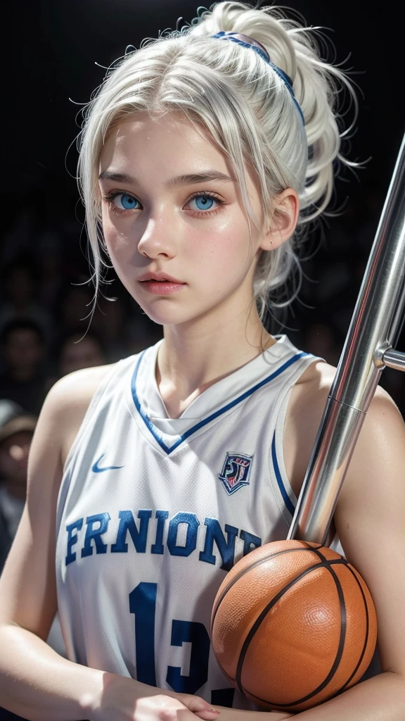 Feminine 15 year old girl with white hair up , light blue eyes and white skin, basketball player holding a big trophy