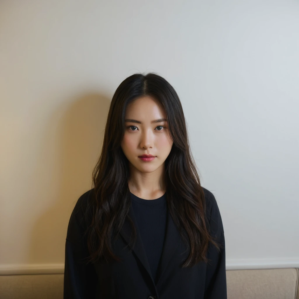 Best Quality, 8k, Masterpiece, (Portrait: 1.3), (photo realistic:1.4), (hyper realistic:1.4), Sharp Focus, looking at viewer, (smoother lighting:1.1), (increase cinematic lighting quality:0.9), realistic lighting, backlighting, light on face, ray trace, (brightening light:1.2), (Increase quality:1.4), sharp detail, (best quality real texture skin:1.4), finely detailed eyes, black_eyes, finely detailed face, 25 year old Korean woman