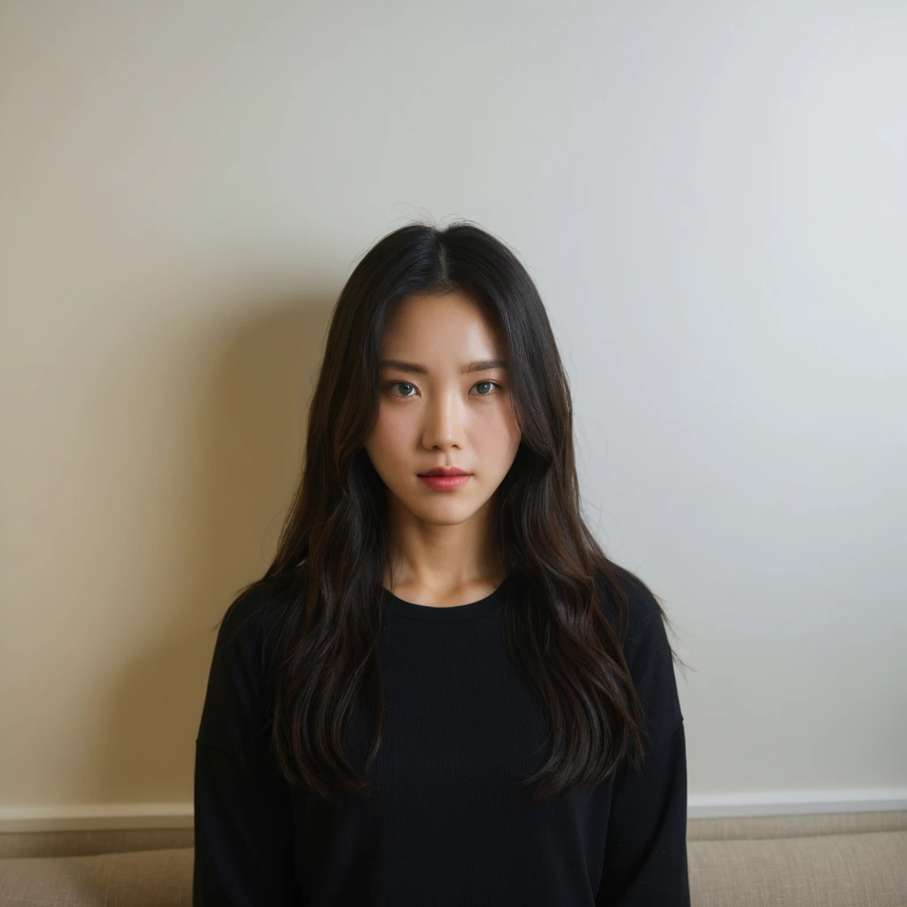 Best Quality, 8k, Masterpiece, (Portrait: 1.3), (photo realistic:1.4), (hyper realistic:1.4), Sharp Focus, looking at viewer, (smoother lighting:1.1), (increase cinematic lighting quality:0.9), realistic lighting, backlighting, light on face, ray trace, (brightening light:1.2), (Increase quality:1.4), sharp detail, (best quality real texture skin:1.4), finely detailed eyes, black_eyes, finely detailed face, 25 year old Korean woman