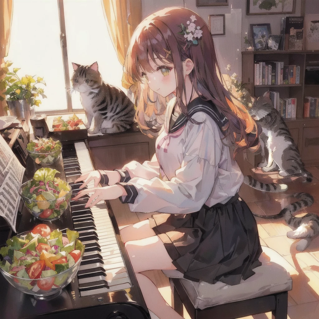 Anime girl playing piano with a bowl of vegetable salad and a cat, smile,80s atmosphere,Lo-fi Girl, Lofi Art, Portrait of Rofi, Lofi Artstyle, Lofi Color, Cool vibes, Anime Style 4k, Anime atmosphere, Cool vibe, lofi album art, Chill Hop, Lo-fi feeling, Lo-fi art, Lo-fi Girl aesthetic