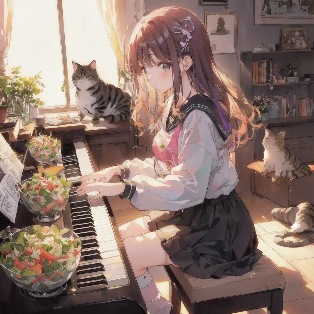Anime girl playing piano with a bowl of vegetable salad and a cat, smile,80s atmosphere,Lo-fi Girl, Lofi Art, Portrait of Rofi, Lofi Artstyle, Lofi Color, Cool vibes, Anime Style 4k, Anime atmosphere, Cool vibe, lofi album art, Chill Hop, Lo-fi feeling, Lo-fi art, Lo-fi Girl aesthetic