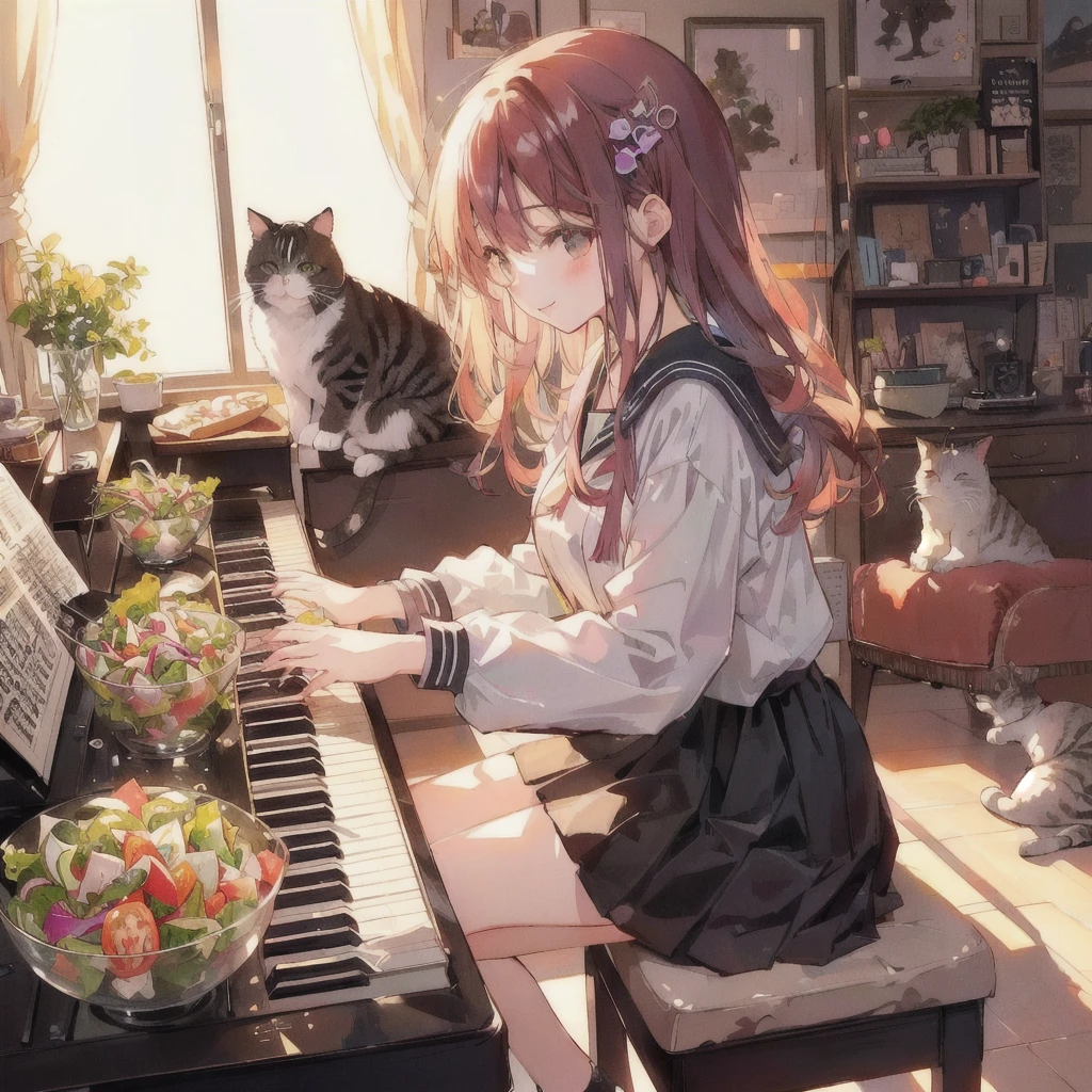 Anime girl playing piano with a bowl of vegetable salad and a cat, smile,80s atmosphere,Lo-fi Girl, Lofi Art, Portrait of Rofi, Lofi Artstyle, Lofi Color, Cool vibes, Anime Style 4k, Anime atmosphere, Cool vibe, lofi album art, Chill Hop, Lo-fi feeling, Lo-fi art, Lo-fi Girl aesthetic