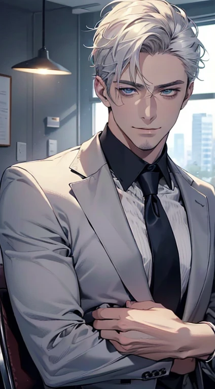 (best quality,4k,8k,highres,masterpiece:1.2),ultra-detailed,(realistic,photorealistic,photo-realistic:1.37),1 man,31 years old,mature man,very handsome,without expression,smile,short white hair,blue eyes,penetrating gaze,perfect face without errors,imposing posture,businessman,office background,cinematic lighting,hdr image