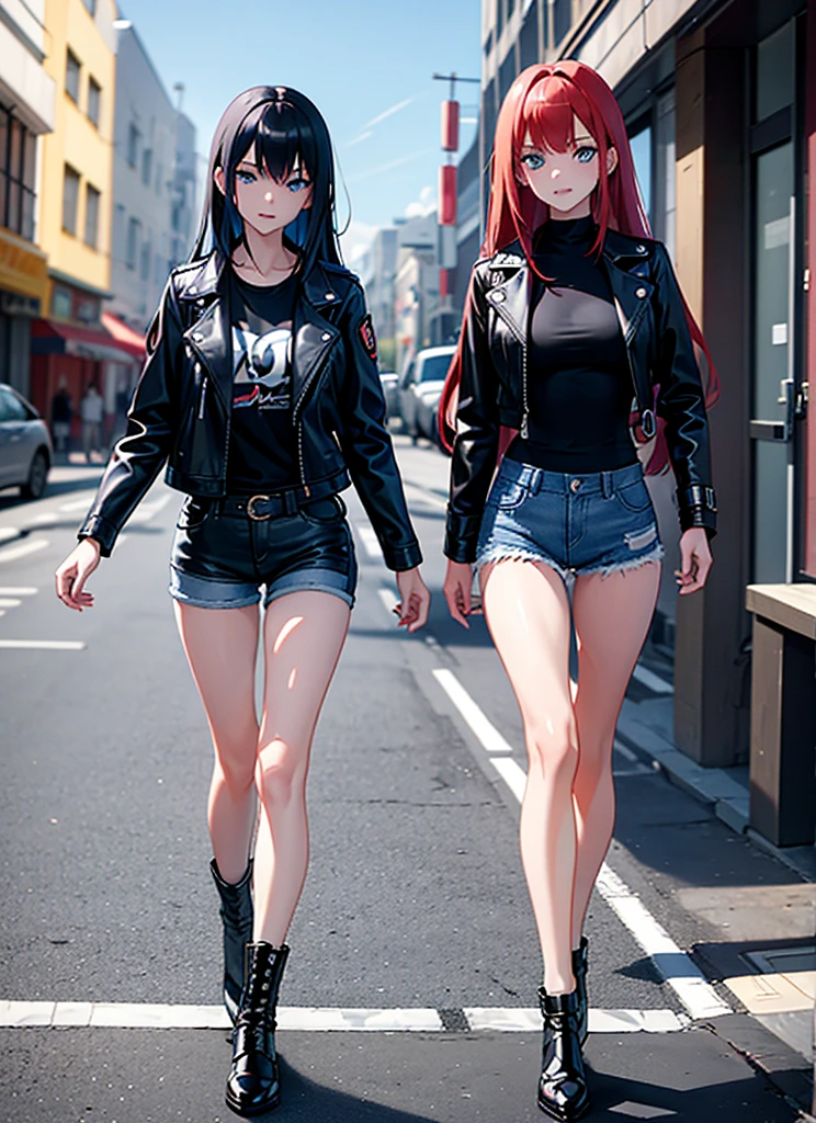 Two young girls, a young red-haired girl with blue eyes wearing a black leather jacket and a short white shirt with short blue denim shorts, and the second girl, a young girl with long black hair, blue eyes, a black leather jacket and a black shirt with short blue denim shorts., walking, dos chicas walking, chatting, chicas chatting