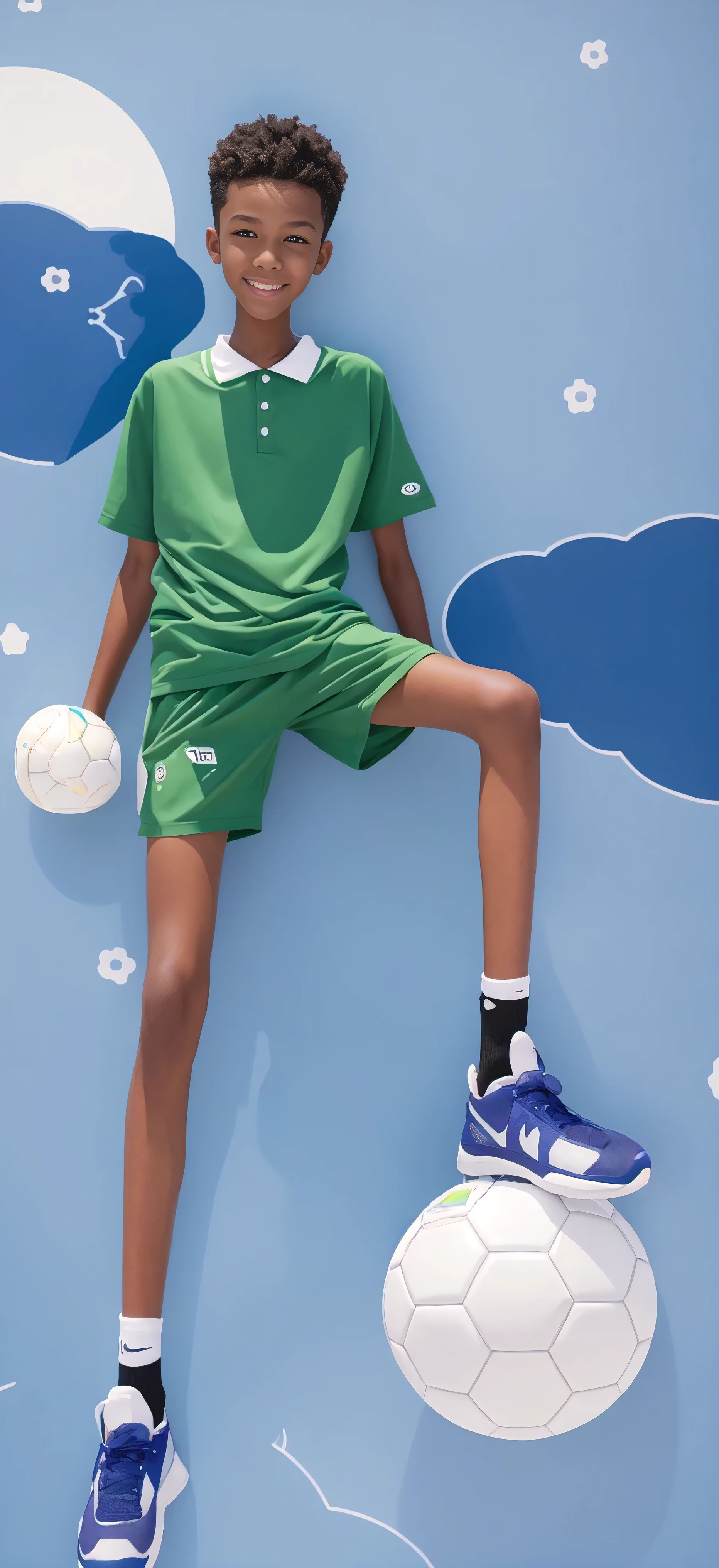  boy，（Wearing white tennis clothes，Wearing green socks），Dark skin，Big round eyes，Very short hair，Tall and skinny，Toothy Smile，Sharpen details，Knee muscle lines，Blue Background，Holding a water gun