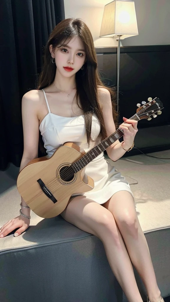 (8K, raw photo, best quality, masterpiece:1.2),(realistic, realistic:1.37),photon mapping,professional lighting,radio city,1 girl,alone,long_hair,(bracelet:1.1),(long legs:1.2),(earring:1.1),Physically Based Rendering,step,Performance,sit down,a different guitar,Gorgeous bikini, hawaiian sea background