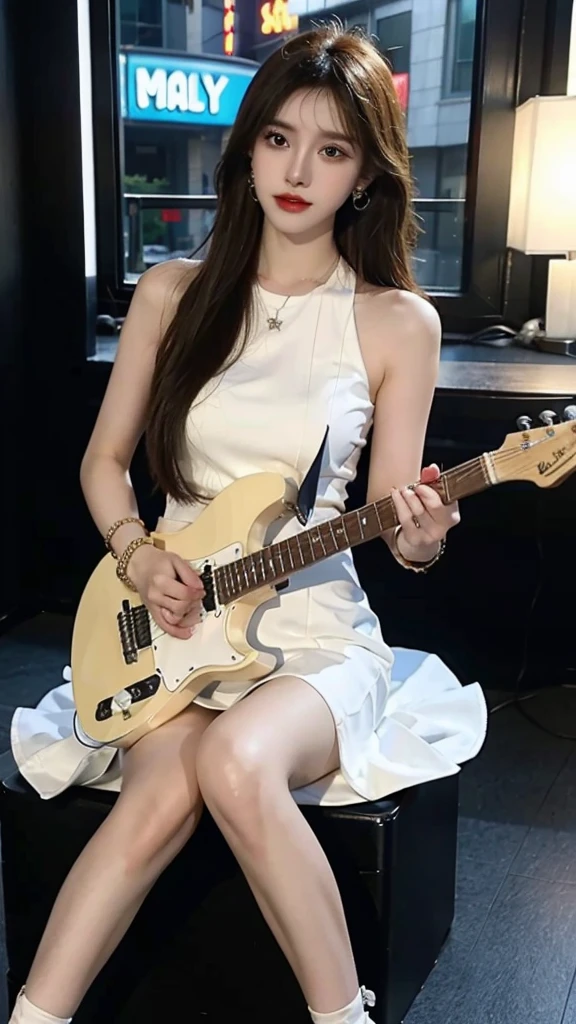 (8K, raw photo, best quality, masterpiece:1.2),(realistic, realistic:1.37),photon mapping,professional lighting,radio city,1 girl,alone,long_hair,(bracelet:1.1),(long legs:1.2),(earring:1.1),Physically Based Rendering,step,Performance,sit down,a different guitar,(short white dress)